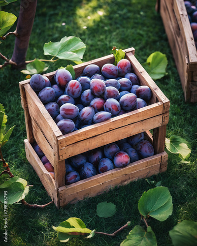 Fresh plums in a basket outdoor. Ripe plum berries in a basket in the garden with copy space, the idea of home canning and organic environmental bio food. photo