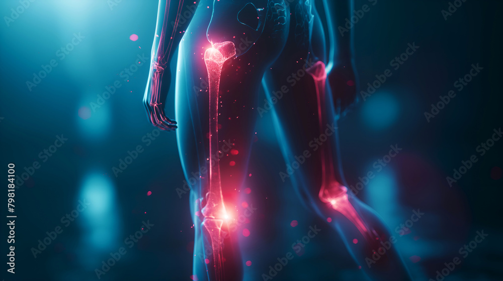 Digital human leg joints with red highlights. Visualization of leg joint pain in 3D. Anatomical leg model showing pain points Digital human leg joints with red highlights. Visualization of leg joint pain in 3D. Anatomical leg model showing pain points