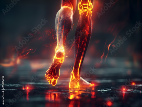 Digital model of human ankle with hot spots. Ankle joint with fiery pain illustration. Glowing skeletal foot in medical 3D render photo