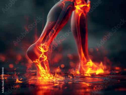 Digital anatomy of a fiery ankle joint. 3D visualization of ankle pain in red. Inflamed human ankle with heat effect. photo
