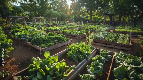 A garden with many different types of vegetables growing in raised beds