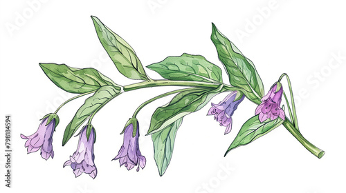 Comfrey herb, Symphytum officinale, isolated on transparent background, Comfrey plant illustration, Symphytum officinale herb on transparent backdrop, Symphytum officinale plant with transparent backg photo