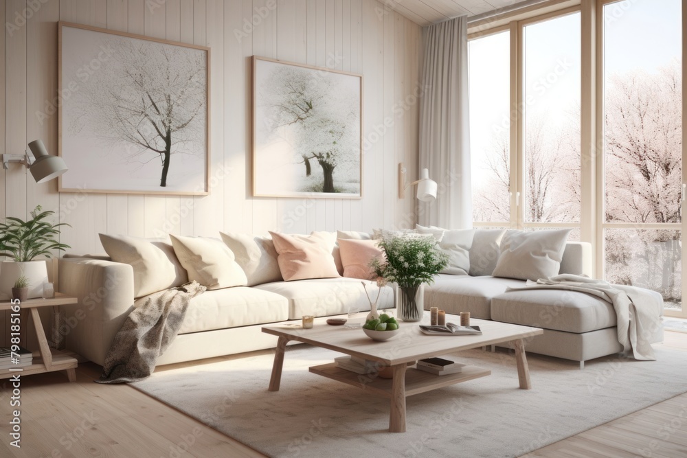Fototapeta premium Elegant And Modern Scandinavian Living Room room architecture furniture.
