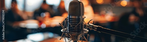 A close up of a vintage microphone on a stage with a blurred background of people.