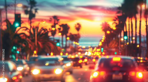Blurred background of palm trees and sunset in Los Angeles, California with cars moving on the street. Cover image with copy space for music album or marketing material for a car rental service. © NeuroCake