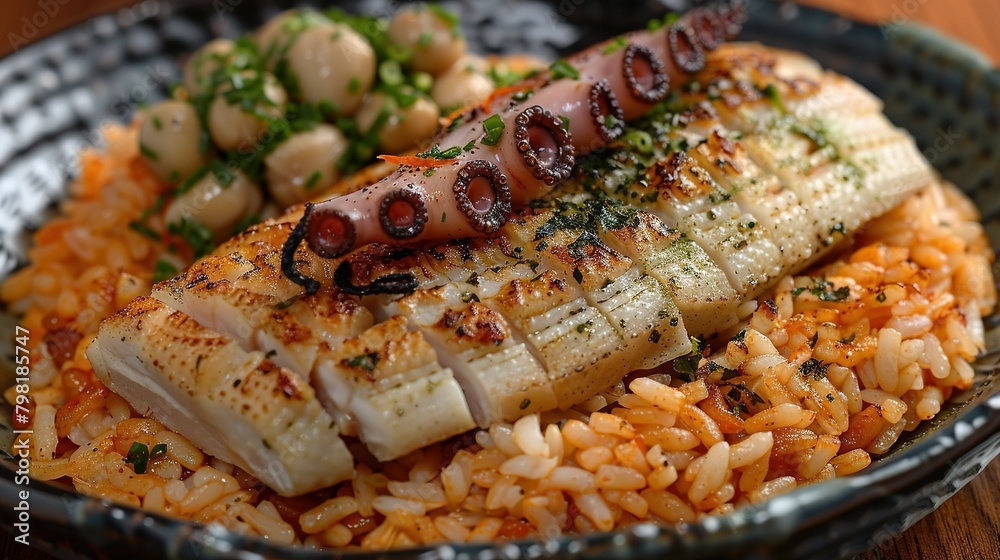 A close-up shot of a plate featuring rice, an octopus, and some form of meat A close-up shot of a plate featuring rice, an octopus, and some form of meat