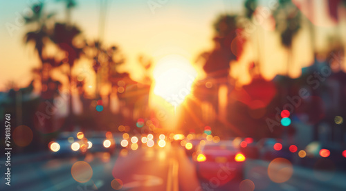 Blurred background of palm trees and sunset in Los Angeles  California with cars moving on the street. Cover image with copy space for music album or marketing material for a car rental service.