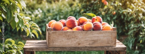 Juicy and fresh harvest ripe  peach fruits in a wooden box. Nectarines in wooden crate  blurred plantation background.