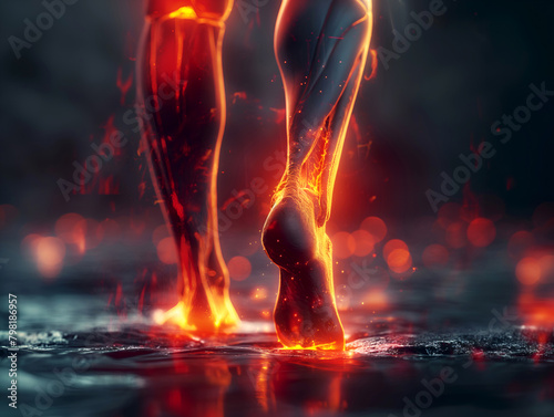 Heated depiction of sciatic nerve pain. 3D render of inflamed sciatic nerve. Glowing representation of human sciatica. photo