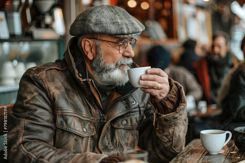 Senior man enjoying a cup of coffee at a cafe, smiling as he savors of his drink. Senior man enjoying a cup of coffee at a cafe, smiling as he savors of his drink.