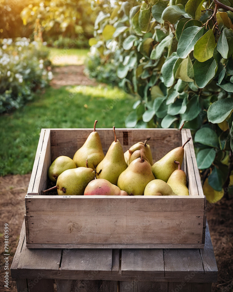 Fresh pears in a wooden box in a summer garden. A wooden crate filled with an abundance of fresh green pears. Perfect for food and nutrition related projects. Fresh pears in a wooden box in a summer garden. A wooden crate filled with an abundance of fresh green pears. Perfect for food and nutrition related projects.