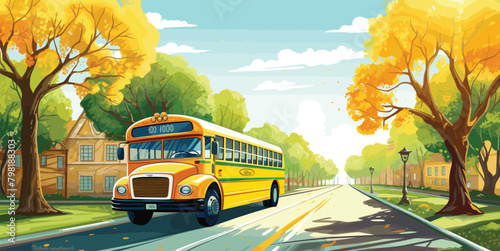 Children's Illustration, School Bus Driving Through Suburban Neighborhood, School Vector
