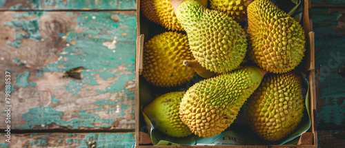 Fresh tropical jackfruit in a box on a wooden table 