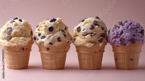  A row of ice cream cones topped with chocolate chip cookies and Oreos