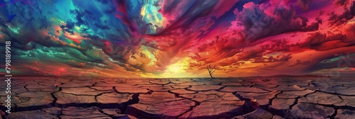 Vibrant psychedelic sky casts a kaleidoscopic glow over a stark cracked desert landscape creating a surreal tableau photo