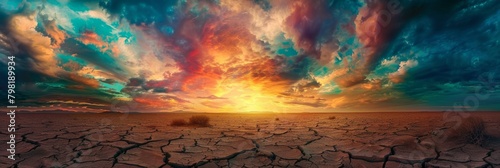 Vibrant psychedelic sky casts a kaleidoscopic glow over a stark cracked desert landscape creating a surreal tableau photo
