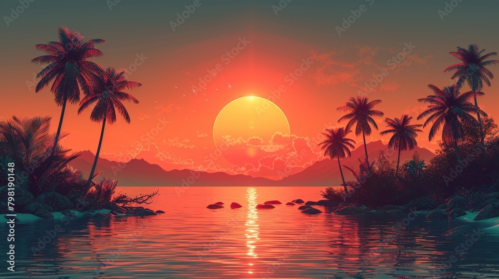 Tropical Sunset Painting With Palm Trees