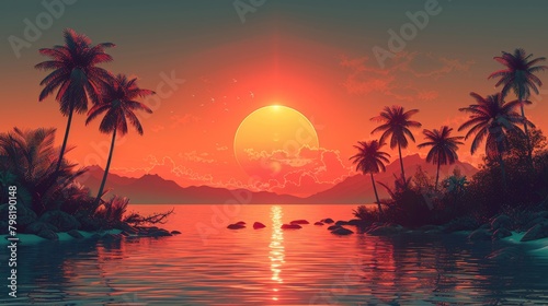 Tropical Sunset Painting With Palm Trees © Amanda
