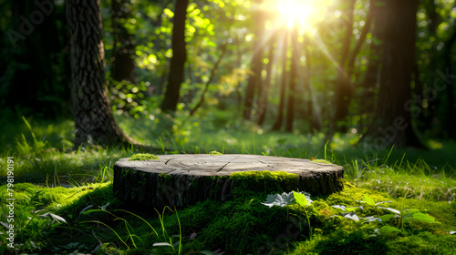A round wooden podium with moss on the bottom, set against an enchanted forest background