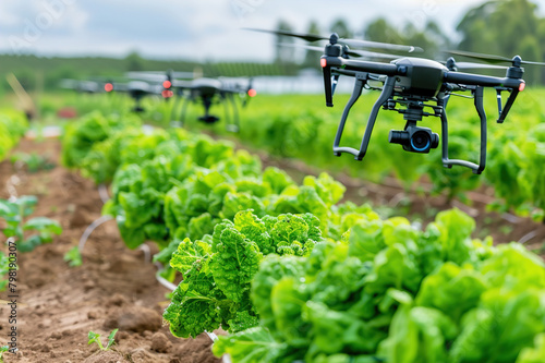 A smart agriculture scene with sensors and drones monitoring crop health and irrigation levels in a field.