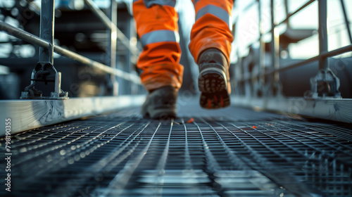 Industrial Worker Walking on Steel Grating Walkway. Low angle view of an industrial worker in safety gear walking along a steel grating walkway at a modern facility. photo