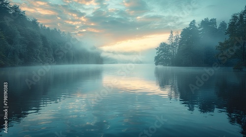 misty lake at dawn, peaceful, wideangle view , high resolution photo
