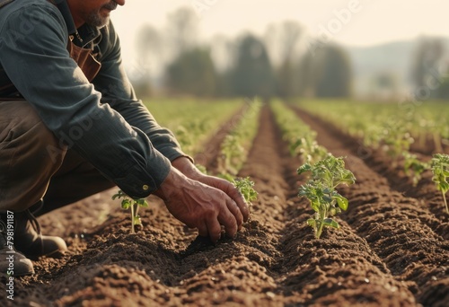 A farmer carefully tends to young plants in a field  hands in the soil  representing growth and agriculture