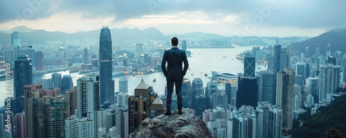 The silhouette of a businessman contrasting against the backdrop of a sprawling cityscape from atop a mountain.