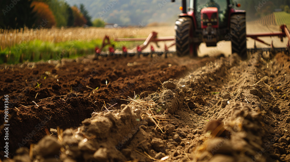 Tractor plowing field in autumn. Tractor preparing land for sowing. AI. Tractor plowing field in autumn. Tractor preparing land for sowing. AI.