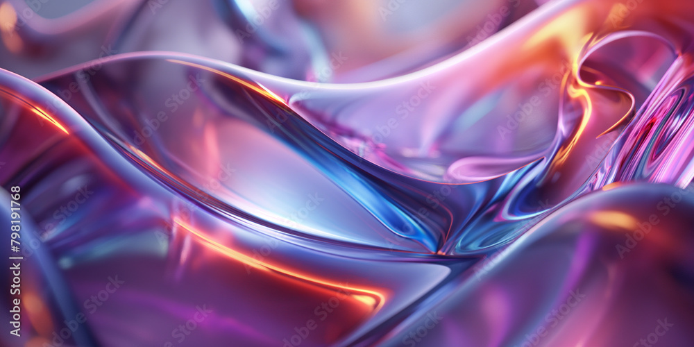 Abstract metallic waves with a chrome finish. Fluid art texture with iridescent pink and blue hues. Background with copy space for modern and futuristic design.