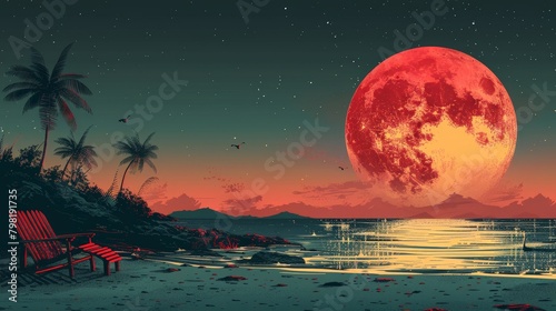 Red Moon Over Beach Painting