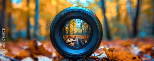 Obraz na płótnie camera lens highlighting the vibrant, verdant beauty of a forest, reveling in the art of photography. w salonie