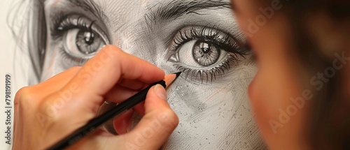 Close up of female artists hand pencil drawing a sketch at home photo