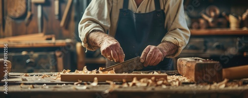 An artisan woodworker examines a plank before sawing in a sunlit traditional workshop. photo