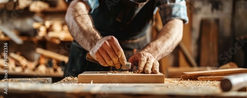 A skilled craftsman measures and cuts wood in a cluttered workshop filled with tools.