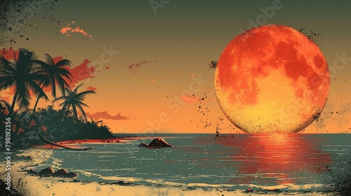 Red Moon Over Beach