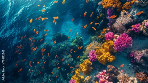 A stunning aerial shot of a vibrant coral reef teeming with marine life  celebrating the biodiversity of our oceans. world oceans day