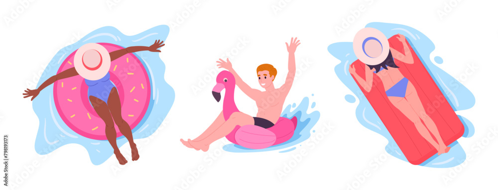 Characters floating on inflatable toys. People relaxing on inflatable rings or mattresses in sea or swimming pool flat vector illustration set. Vacationers sunbathing on on inflatable toys