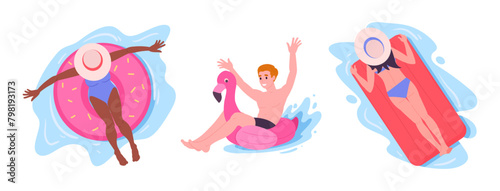 Characters floating on inflatable toys. People relaxing on inflatable rings or mattresses in sea or swimming pool flat vector illustration set. Vacationers sunbathing on on inflatable toys