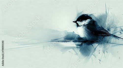   Black-and-white bird perched atop a paper with splattered paint photo