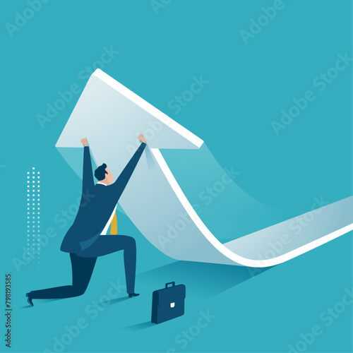 Effort to lift an arrow. Changing direction. A businessman raises laying business arrow. Business concept vector illustration
