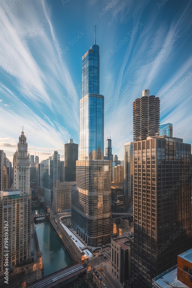 Obraz premium An establishing shot of downtown Chicago from above