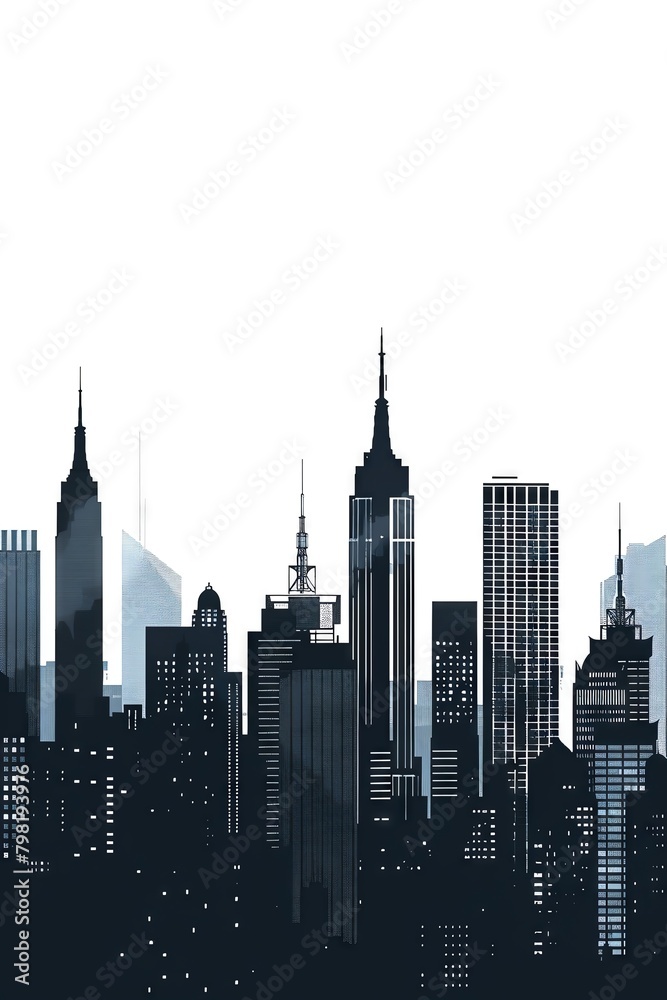 Artistic rendition of New Yorks skyline, focusing on minimalistic, flat shapes that compose an iconic view of the city, using a monochrome palette to emphasize form over detail, pe
