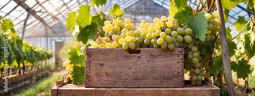 Ripe grapes in wooden boxes on table in vineyard, closeup. Grapes are growing in the greenhouse. Bunches of green grapes ready to harvest in the vineyard for wine making.