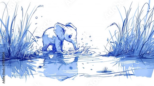   A baby elephant stands in water beside grassy and reedy shore photo