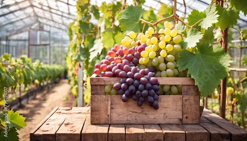 Ripe grapes in wooden boxes on table in vineyard, closeup. Grapes are growing in the greenhouse. Bunches of green grapes ready to harvest in the vineyard for wine making.