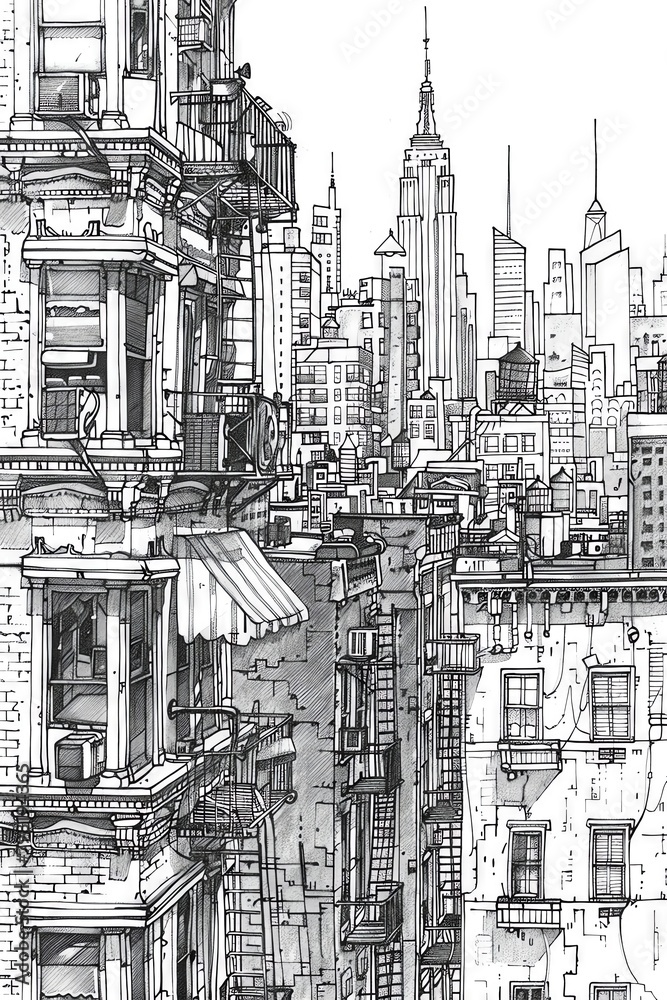 Detailed pen and ink sketch of a lowrise city skyline, focusing on the intricacies of facade designs, streetlevel details like awnings and doorways, all portrayed in a sophisticate