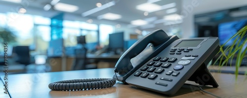 Obraz na płótnie A contemporary office setting features sleek phones and a notepad on a polished desk, showcasing a clean and efficient workspace w salonie