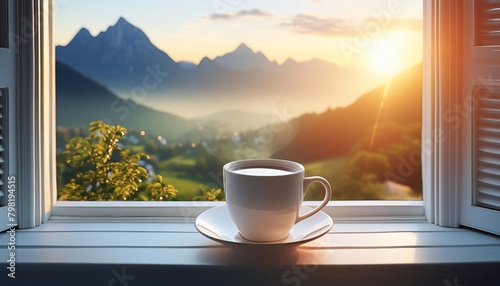 a cup of hot tea or coffee on the windowsill, mountains and sunset outside the window. 