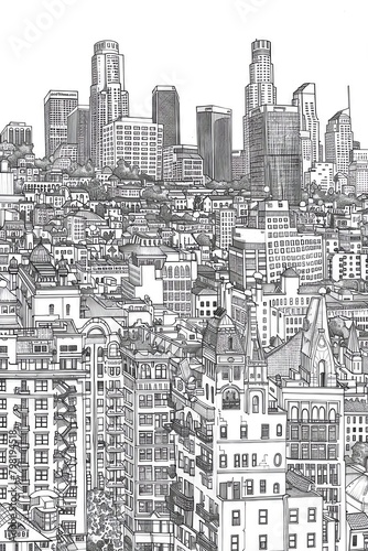 Elegant and intricate line drawing featuring a continuous, detailed depiction of Los Angeless skyline, with each building rendered in geometric precision, focusing on architectural